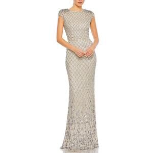 Mac Duggal 5462 Crystal Fringed Sequin Column Gown Silver and Gold Size 6 Dress